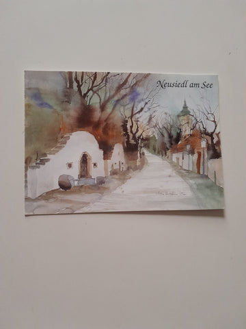 AK Neusiedl am See. Burgenlandkeller Friedhofgasse. Aquarell Maria Rittsteuer.