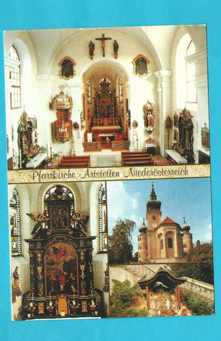 AK Artstetten. Pfarrkirche z. hl. Jakobus d. Ä. Innen- und Außenansicht mit Lourdes-Grotte.