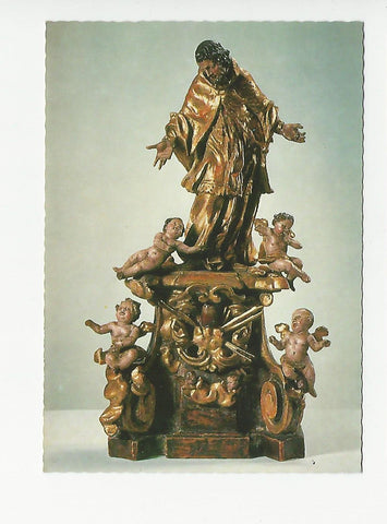 Karte 250 Jahre hl. Johannes von Nepomuk. Statuette des Heiligen mit Putti, Holz, Süddeutsch.