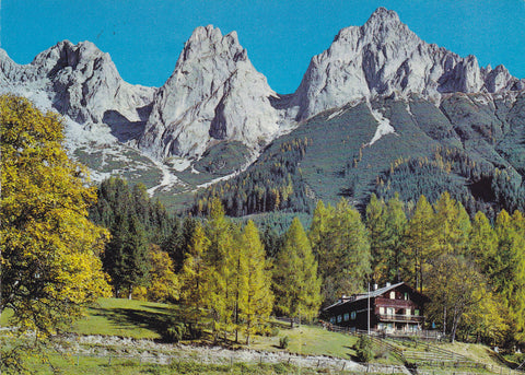 AK Pfarrwerfen. Alpengasthof Mahdegg gegen die Fieberhörner (Tennengebirge)