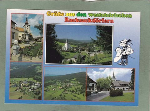 AK Grüße aus den weststeirischen Rucksackdörfern. Hirschegg. Edelschrott, St. Martin am Wöllmißberg. Pack. Modriach.